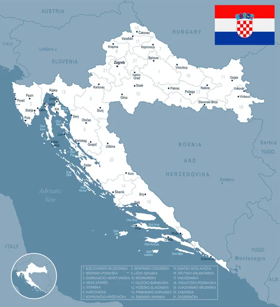 Κροατία - Χάρτης και σημαία λεπτομερής εικονογράφηση διάνυσμα — Διανυσματικό Αρχείο