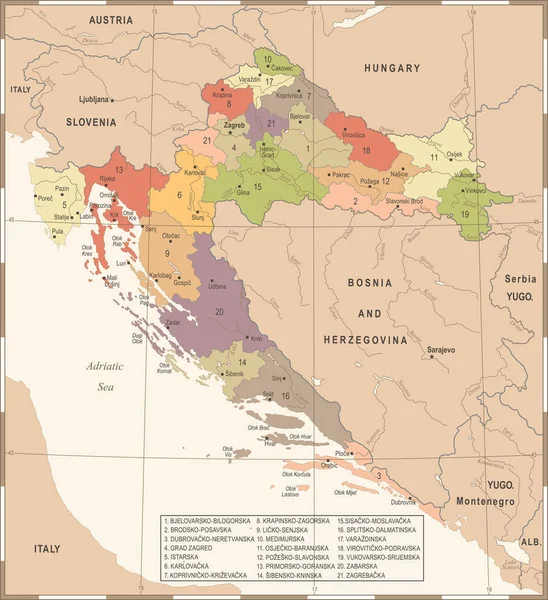 Croacia Mapa - Vintage ilustración vectorial detallada — Vector de stock