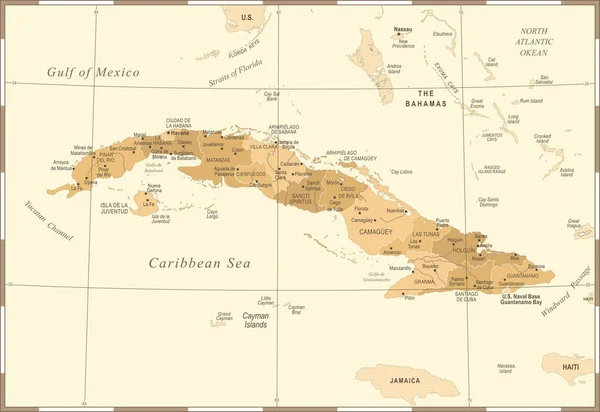 Mappa di Cuba - Illustrazione vettoriale dettagliata vintage — Vettoriale Stock