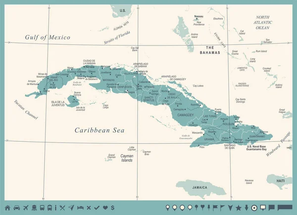 Χάρτης Κούβα - Vintage λεπτομερείς διανυσματικά εικονογράφηση — Διανυσματικό Αρχείο