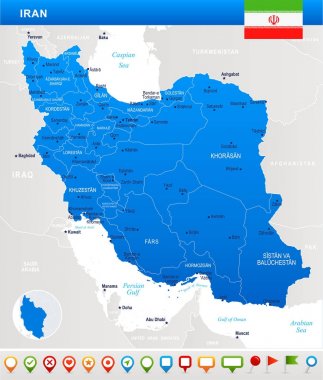 Iran - harita, bayrak ve gezinme simgeleri - detaylı vektör Illustra