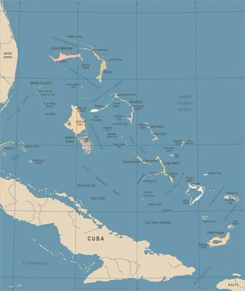 El Mapa de Bahamas - Vintage ilustración vectorial detallada — Vector de stock