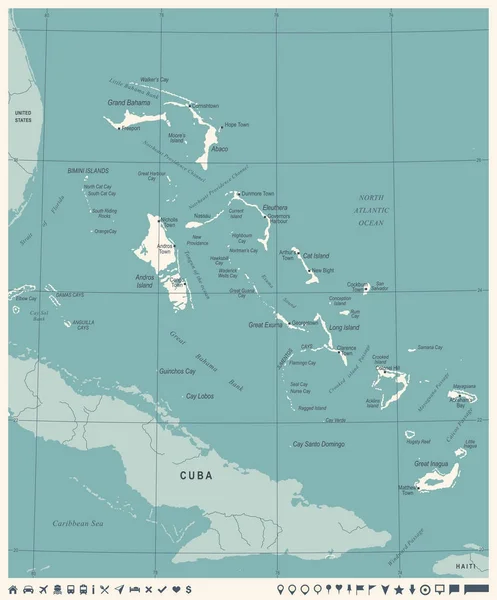 El Mapa de Bahamas - Vintage ilustración vectorial detallada — Vector de stock