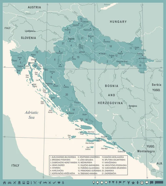 Croacia Mapa - Vintage ilustración vectorial detallada — Vector de stock