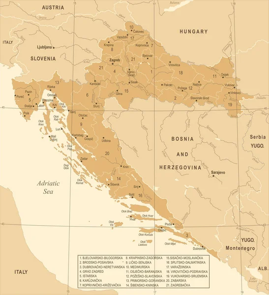 クロアチア地図 - ヴィンテージの詳細なベクトル図 — ストックベクタ