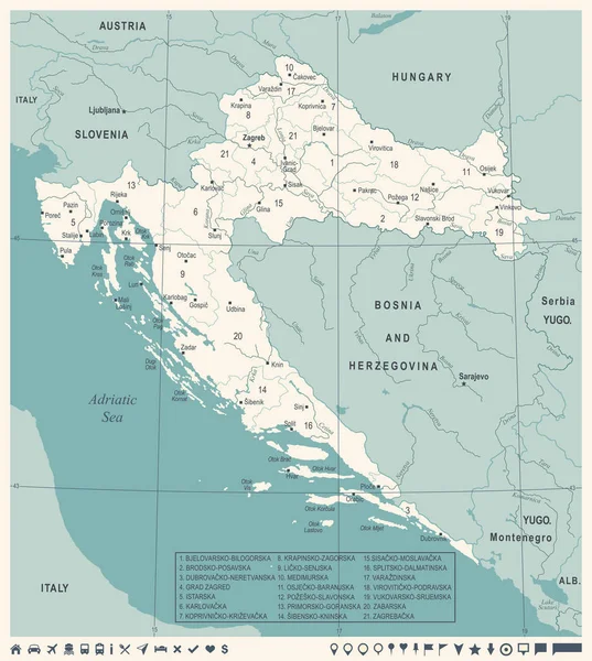 Croacia Mapa - Vintage ilustración vectorial detallada — Vector de stock