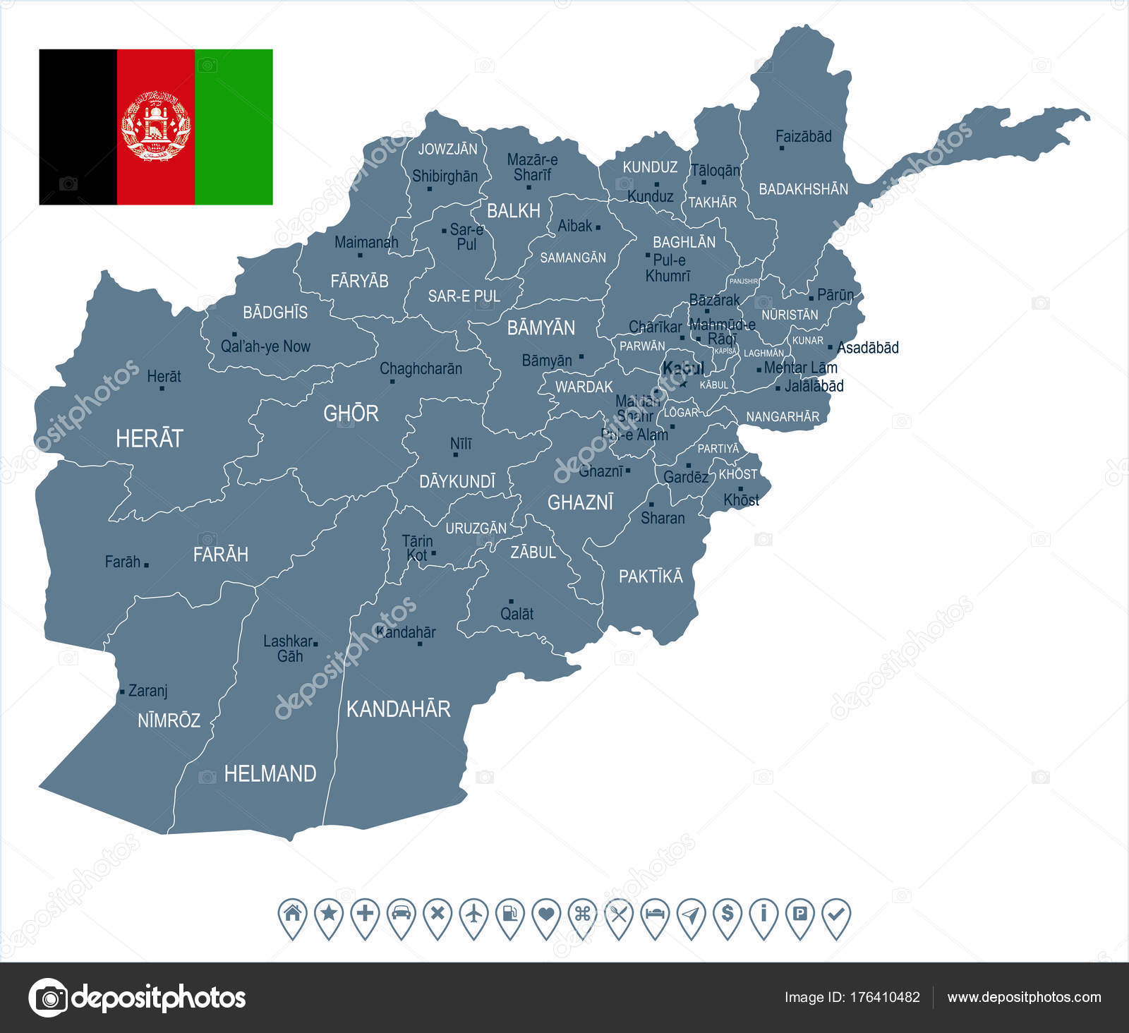 Afghanistan - karta och flagga - detaljerad vektorillustration — Stock