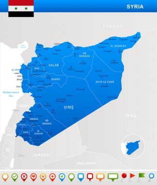 Suriye - harita, bayrak ve gezinme simgeleri - detaylı vektör çizim