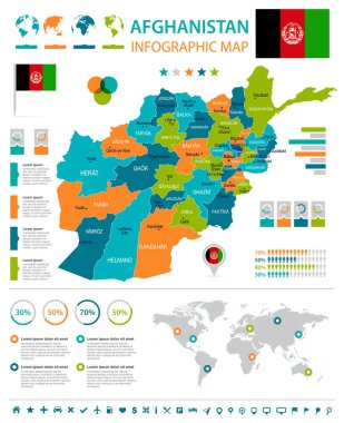 Afganistan - Infographic harita ve bayrak - detaylı vektör çizim