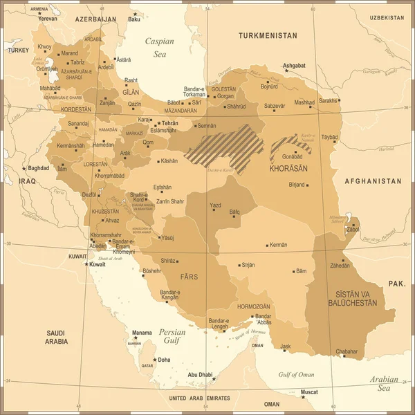 Mapa de Irán - Vintage ilustración vectorial detallada — Vector de stock