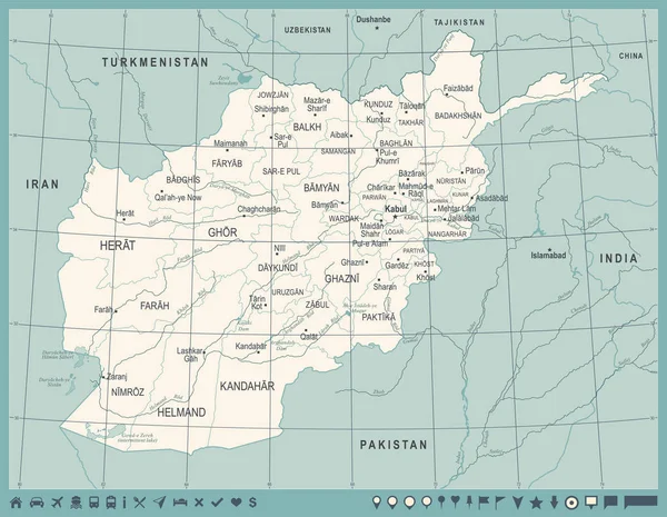 Mapa de Afganistán - Vintage ilustración vectorial detallada — Vector de stock