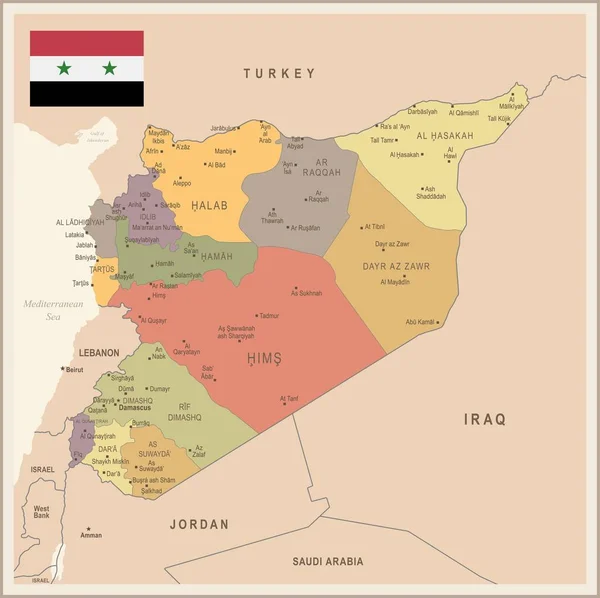 Siria - Mapa y bandera vintage - Ilustración vectorial detallada — Vector de stock
