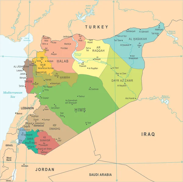 Mapa de Siria - ilustración vectorial detallada — Archivo Imágenes Vectoriales