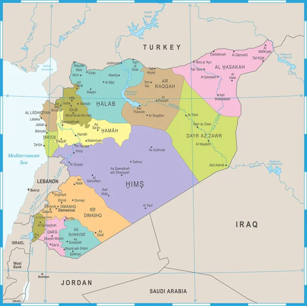 Mapa de Siria - ilustración vectorial detallada — Vector de stock