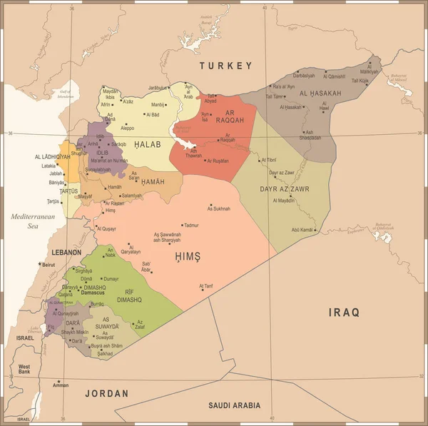 Syria-Mapa - rocznika szczegółowe wektor ilustracja — Wektor stockowy