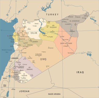 Suriye Haritası - Vintage detaylı vektör çizim