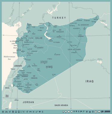 Suriye Haritası - Vintage detaylı vektör çizim