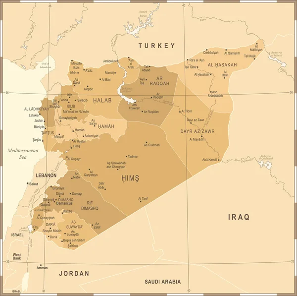 Mapa de Siria - Vintage ilustración vectorial detallada — Archivo Imágenes Vectoriales