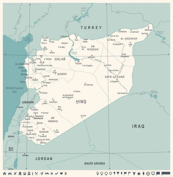 Mapa de Siria - Vintage ilustración vectorial detallada — Vector de stock