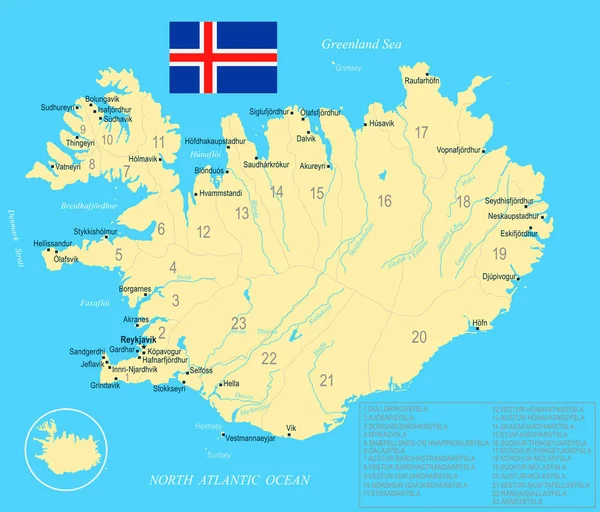 Mapa Islandii - szczegółowe wektor ilustracja — Wektor stockowy