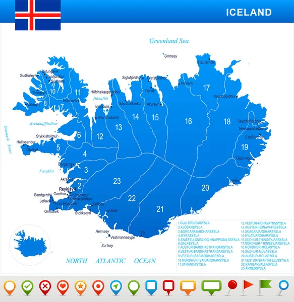 Islandia - mapa, bandera y iconos de navegación - Ilustración vectorial detallada — Archivo Imágenes Vectoriales