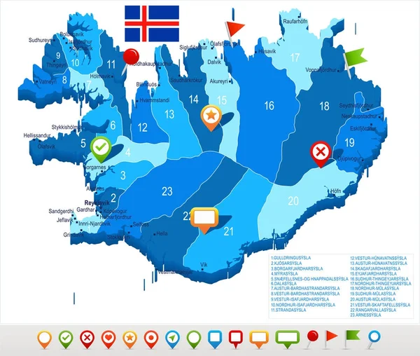 Ισλανδία - Χάρτης και σημαία - λεπτομερής εικονογράφηση διάνυσμα — Διανυσματικό Αρχείο