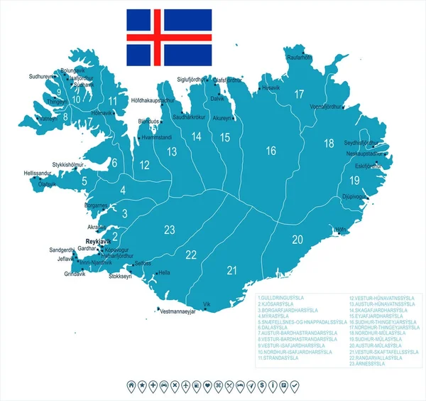 IJsland - kaart en vlag - gedetailleerde vectorillustratie — Stockvector