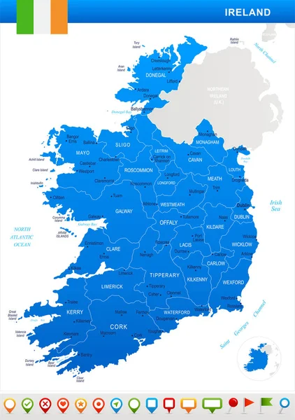 Ierland - kaart, vlag en navigatie pictogrammen - gedetailleerde vectorillustratie — Stockvector
