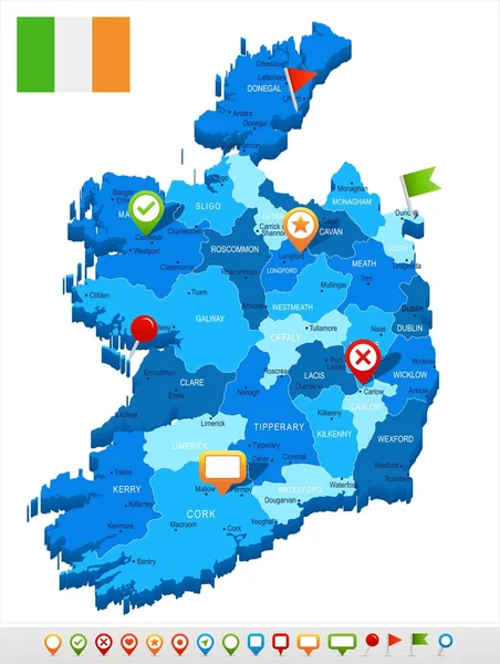 Ierland - kaart en vlag - gedetailleerde vectorillustratie — Stockvector