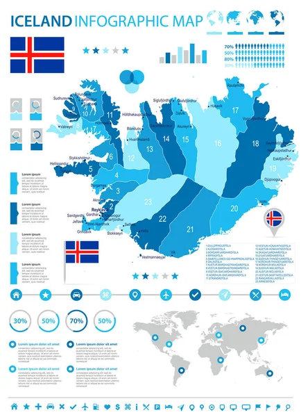 Ισλανδία - γραφική απεικόνιση χάρτη και σημαία - λεπτομερής εικονογράφηση φορέα — Διανυσματικό Αρχείο