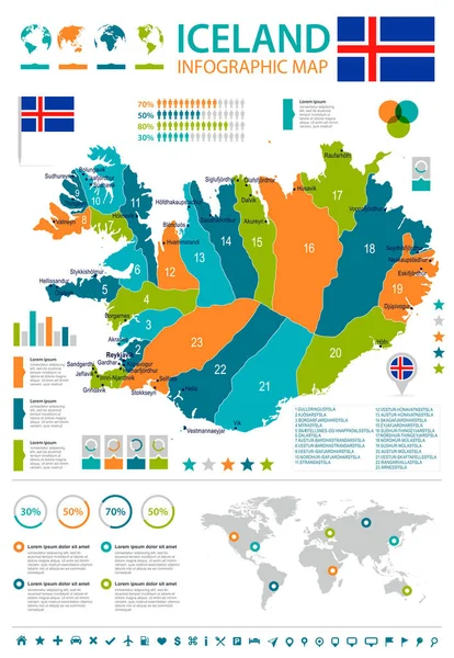 Islandia - Mapa infográfico y bandera - Ilustración vectorial detallada — Vector de stock