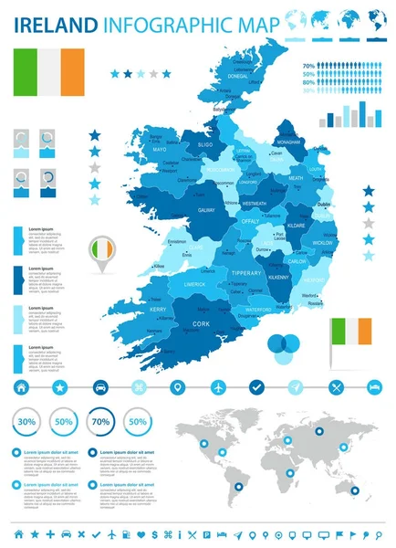 Ierland - infographic kaart en vlag - gedetailleerde vectorillustratie — Stockvector