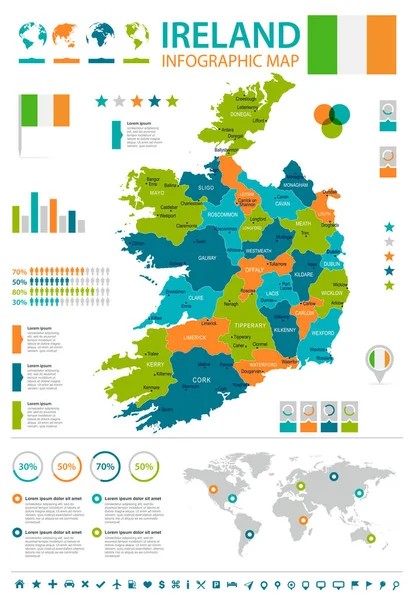 Ierland - infographic kaart en vlag - gedetailleerde vectorillustratie — Stockvector