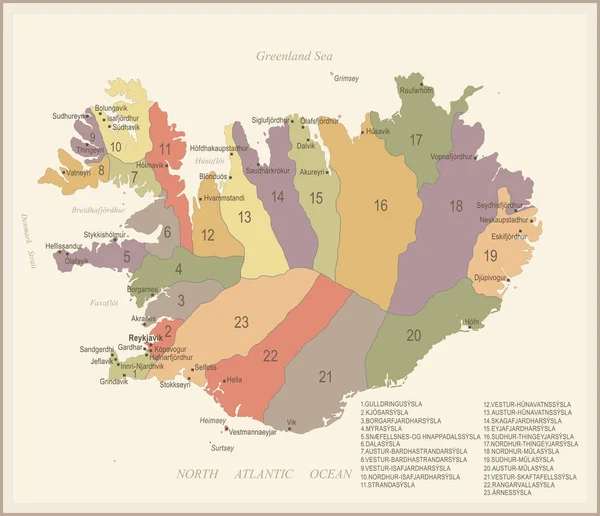 Islândia - Mapa e bandeira vintage - Ilustração vetorial detalhada — Vetor de Stock