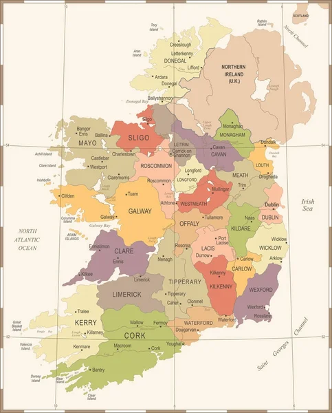 Irlande Carte - Illustration vectorielle détaillée vintage — Image vectorielle