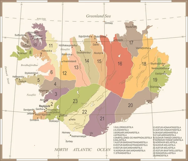 Χάρτης Ισλανδίας - Vintage λεπτομερείς διανυσματικά εικονογράφηση — Διανυσματικό Αρχείο