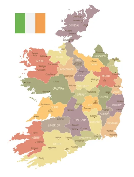 Ierland - vintage kaart en vlag - gedetailleerde vectorillustratie — Stockvector