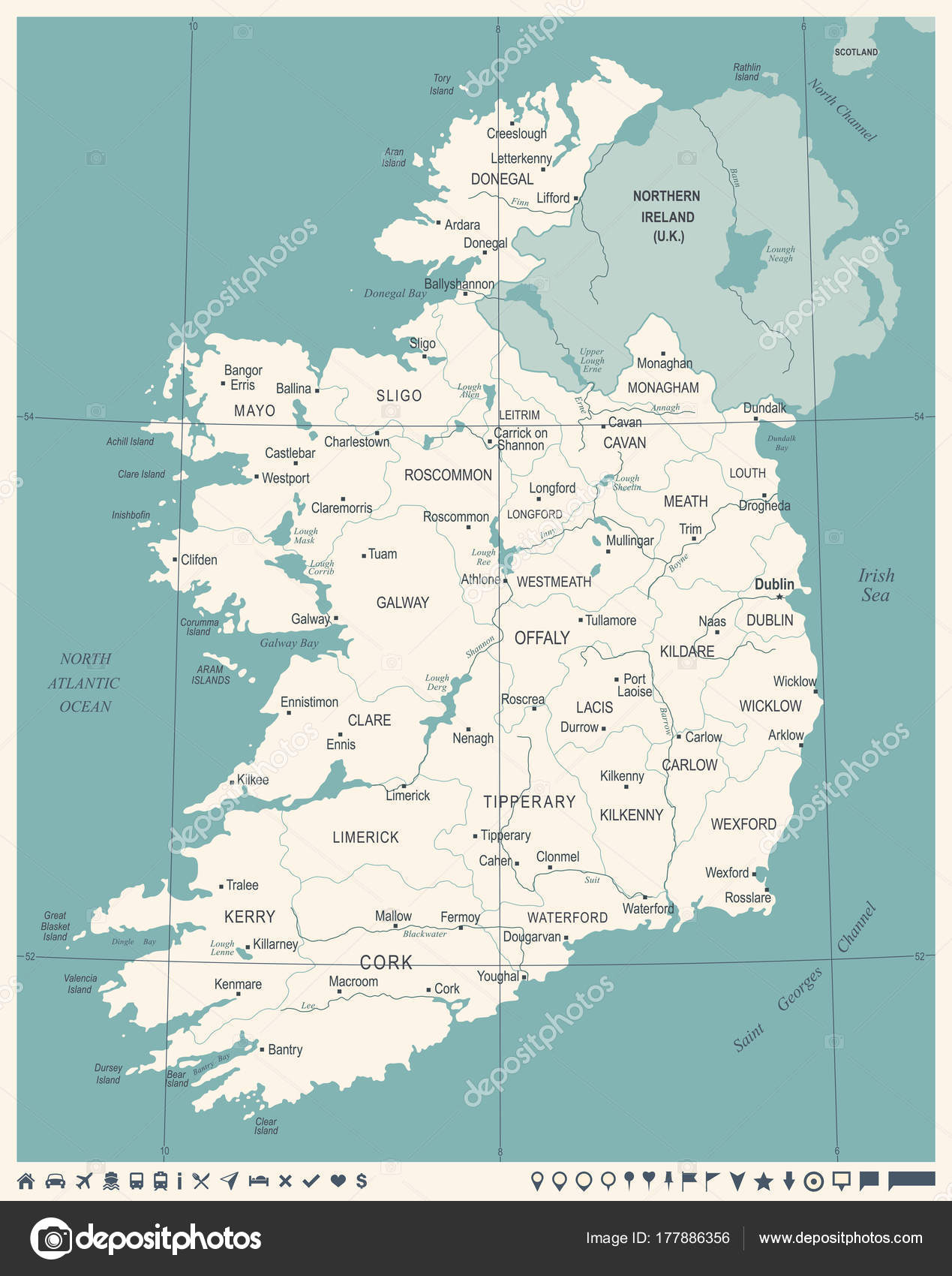 Карта Ирландии - Vintage Detailed Vector Illustration Векторное.