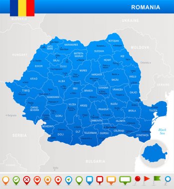 Romanya - harita, bayrak ve gezinme simgeleri - detaylı vektör Illus