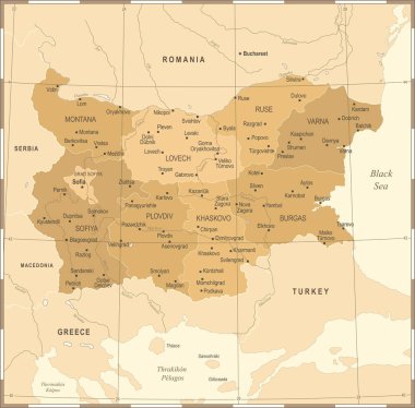 Bulgaristan Haritası - Vintage detaylı vektör çizim