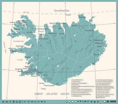 İzlanda Haritası - Vintage detaylı vektör çizim