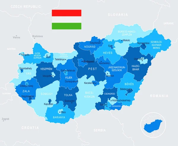 Hungría - Mapa y bandera - Ilustración vectorial detallada — Archivo Imágenes Vectoriales