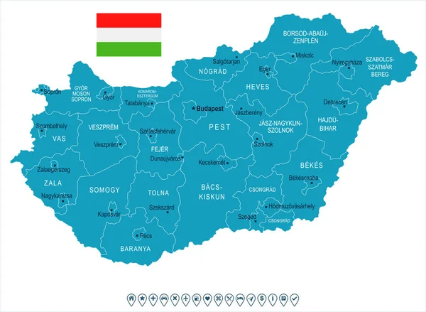 Ungarn - Karte und Fahne - detaillierte Vektorillustration — Stockvektor
