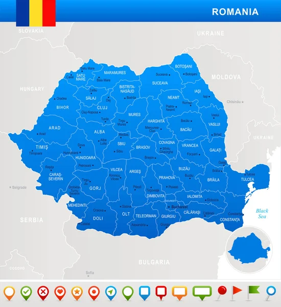 Roménia - ícones de mapa, bandeira e navegação - Vector Illus detalhado — Vetor de Stock