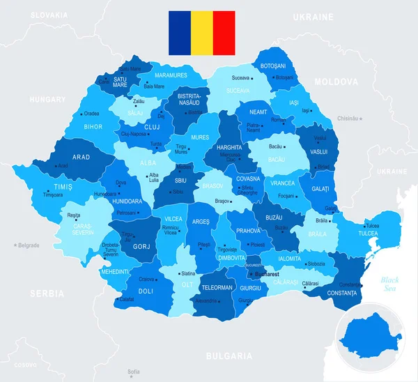 ルーマニア - 地図とフラグ - 詳細なベクトル イラスト — ストックベクタ