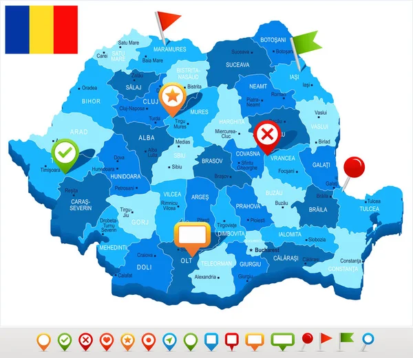 Roemenië - kaart en vlag - gedetailleerde vectorillustratie — Stockvector