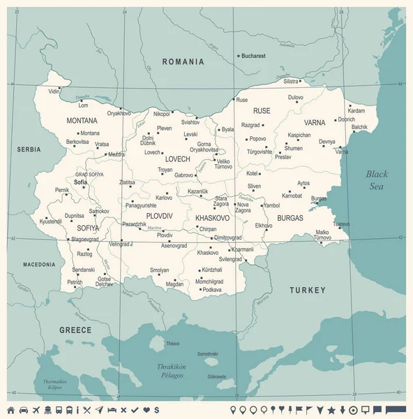 Bulgaria Mapa - Vintage ilustración vectorial detallada — Archivo Imágenes Vectoriales
