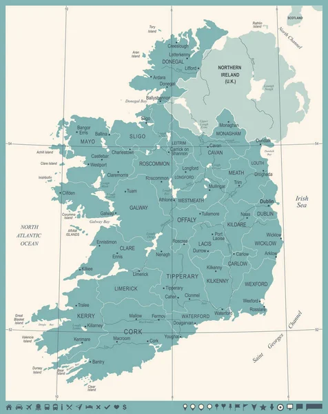 Irlanda Mappa - Illustrazione vettoriale dettagliata vintage — Vettoriale Stock