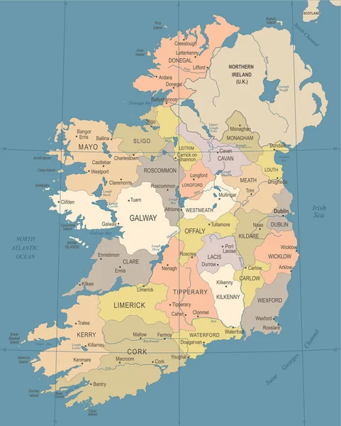 Irlanda Mappa - Illustrazione vettoriale dettagliata vintage — Vettoriale Stock