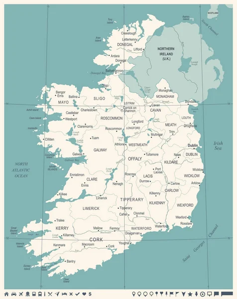 Irlanda Mapa - Vintage detalhada ilustração vetorial — Vetor de Stock